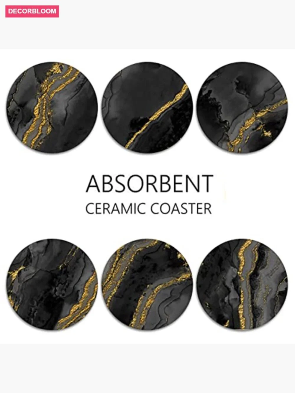 6 Round Stone Absorbent Coasters with Cork Base & Metal Holder